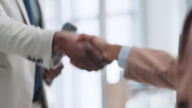 Business people, handshake and job interview, meeting or welcome to partnership, career deal or b2b opportunity. Professional clients shaking hands for recruitment, onboarding and hiring introduction