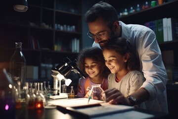 Obraz premium Family Home Laboratory Experiment: Scientist Parent and Children Collaborate