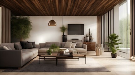 Luxury Modern living room interior with wooden decor in eco style.