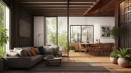 Fototapeta na wymiar Luxury Modern living room interior with wooden decor in eco style.