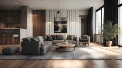 Luxury Modern living room interior with wooden decor in eco style.