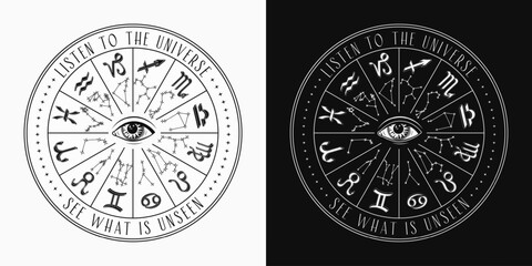 Horoscope wheel with constellation, zodiac signs, all seeing, third eye in centre. Text Listen to Universe. Mystical astrological monochrome illustration in vintage style.