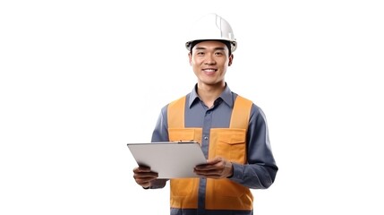 Smiling engineer man holding clipboard and pencil at a construction site