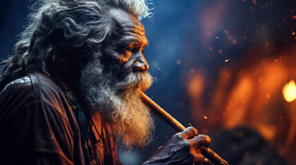 An Aboriginal person playing a didgeridoo or another traditional instrument.
