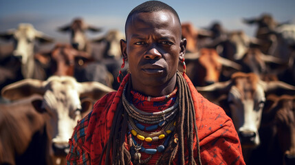 Masai herder surrounded by cattle or goats, wearing brightly colored shawls and beaded jewelry, with the African savannah in the background. - obrazy, fototapety, plakaty