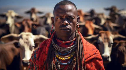 Fotobehang Masai herder surrounded by cattle or goats, wearing brightly colored shawls and beaded jewelry, with the African savannah in the background. © MADMAT