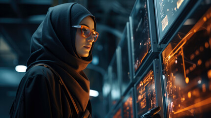 Muslim Engineer wearing a hijab and safety glasses, deeply focused on complex schematics or machinery.