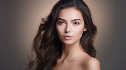 Naklejka premium Captivating Gaze: A captivating portrait of a young woman with long, flowing dark hair and alluring eyes, showcasing natural beauty and elegance. 