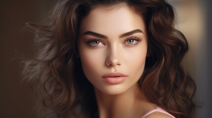 Fototapeta premium Beautiful woman with long curly hair, glamorous makeup, and captivating eyes, posing in a studio portrait