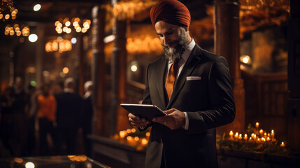 A Sikh man in a tailored suit, with a neat turban, perhaps looking at a tablet or shaking hands in a business setting.