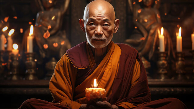 Elderly Nepalese monk, maybe in a meditative pose or during a chanting session, with Buddhist artifacts around.