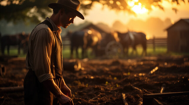 An Amish man or woman tending to farm animals or engaged in carpentry.