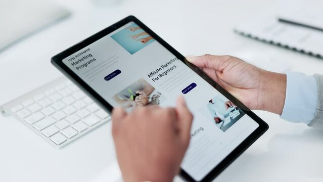 Business person, hands and tablet in affiliate marketing research, strategy or information on website homepage at office. Closeup of employee scrolling on technology screen or market display app
