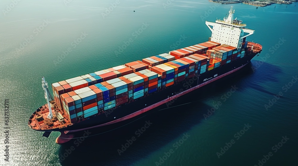 Sticker container ship in port and import export business logistic and transportation of international