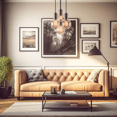 interior with brown sofa, lamp and picture. 3d render