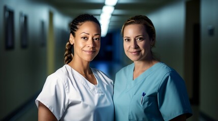 Fototapeta premium Two diverse woman nurse smiling . Afro american and Caucasian female.