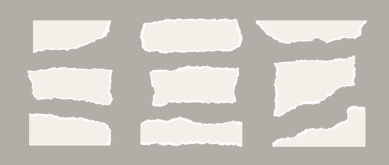 Torn paper pieces set. Light beige shapes with jagged uneven edges. Ripped different paper fragments collection. Textured grunge element bundle for collage, text box, banner, sticker, poster. Vector