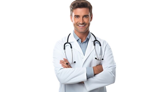 Portrait of a confident male doctor standing with a stethoscope, wearing a professional uniform, and smiling