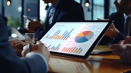 Business people analyse financial data and marketing growth report graphs as a team, presenting and brainstorming to make a profit for the company. - obrazy, fototapety, plakaty