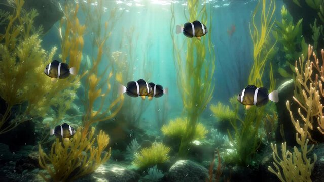 Close up underwater scene with school of yellowtail clownfish among seaweed aquatic plants in shallow water on ocean floor or tropical aquarium. Serene undersea background 3D animation rendered in 4K