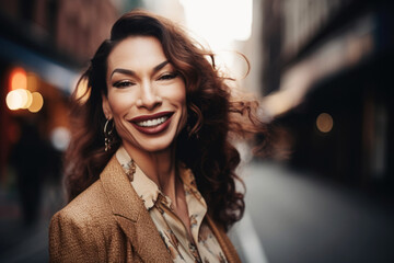 Happy young trans woman toothy smile with confidene on street - obrazy, fototapety, plakaty