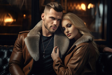 A snuggly and chic couple on a sofa. The girl cuddles up to the strong man. They look at the camera with love. They wear leather and fur coats. The scene is moody and warm.