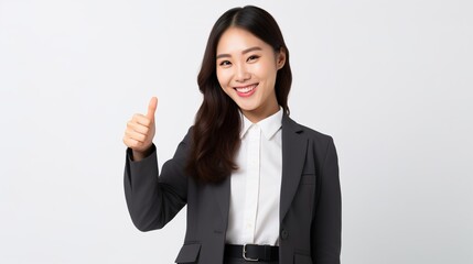 woman showing thumbs up sign on white background