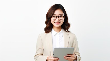 Fototapeta premium Confident Businesswoman: A professional Asian woman in a beige blazer and white shirt exudes confidence as she looks directly at the camera, holding a tablet.