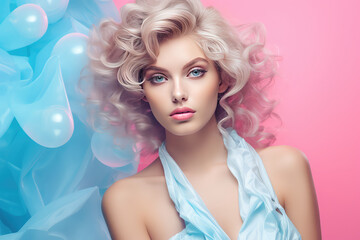 Beautiful young woman portrait, elegance style, summer banner, bright pink and pastel blue colors palette. 