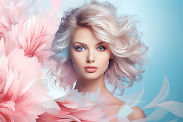 Beautiful young woman portrait, elegance style, summer banner, bright pink and pastel blue colors palette. 