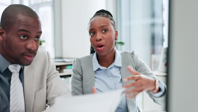 Computer, teamwork or manager training black man with documents for a collaboration in office. Paperwork, online or African businesswoman coaching, teaching or helping employee for digital research