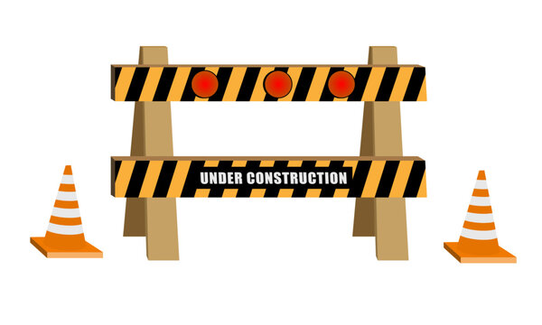 Road barrier with cones flat style vector illustration, Under construction fence concept isolated on white background, road barriers under construction hazard signs stock vector image