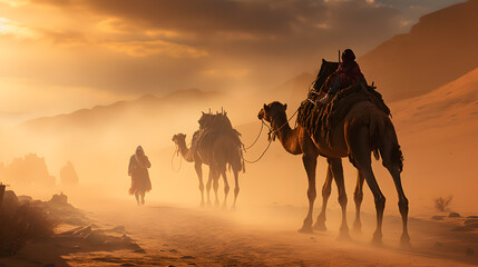 Camels in desert, people riding camels, desert background, dust, sand, sandy wind - obrazy, fototapety, plakaty