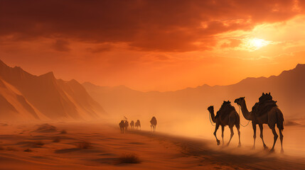 Fototapeta na wymiar Sunset desert and walking camel