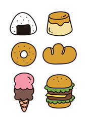 Hand drawn illustration of food objects in doodle style. Rice balls, puddings, donuts, bread, ice cream, hamburgers.