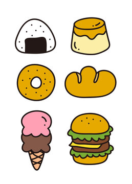 Hand drawn illustration of food objects in doodle style. Rice balls, puddings, donuts, bread, ice cream, hamburgers.