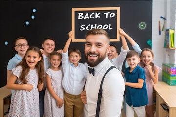 A man holding a "Back to School" sign in front of a group of excited children