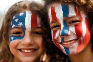 children celebrate US Independence Day, patriot children with face painting in the colors of the American flag