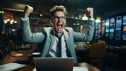 a man in a business suit is a winner, the manager held a successful deal, the joy of victory in work in front of a laptop