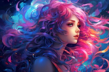Fototapeta premium dreamy anime girl with vibrant hair, immersed in futuristic world, Generative AI