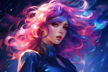Naklejka premium dreamy anime girl with vibrant hair, immersed in futuristic world, Generative AI