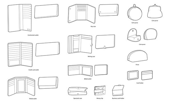 Set of Wallets, coin purses, pouches and cosmetic bags. Fashion accessory technical illustration. Organizer front for Men, women, unisex silhouette style, flat handbag CAD sketch outline isolated