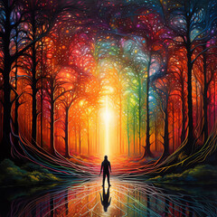 Human Silhouette in rainbow forest