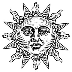 Sun with face sketch. Astrology symbol. Esoteric and occult magic sign. Engraving vintage illustration