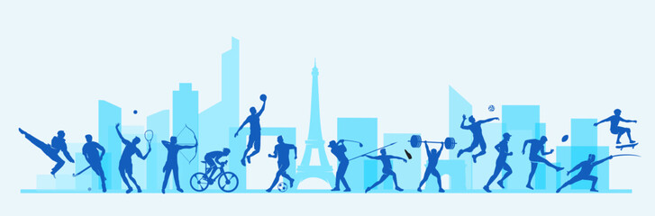 Great editable vector file of olympic multisport players silhouette in the front of paris skyline with classy and unique style best for your digital design and print mockup - obrazy, fototapety, plakaty