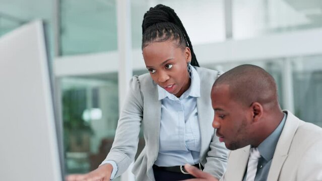 Coaching, paperwork or manager talking to black man with documents for a collaboration in office. Learning, online or African businesswoman training, teaching or helping employee on digital research