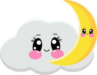 Kawaii cloud face with cute moon