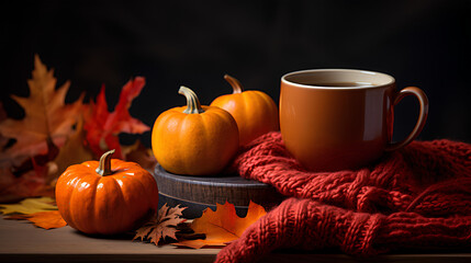 autumn composition of pumpkin and coffee. cozy concept