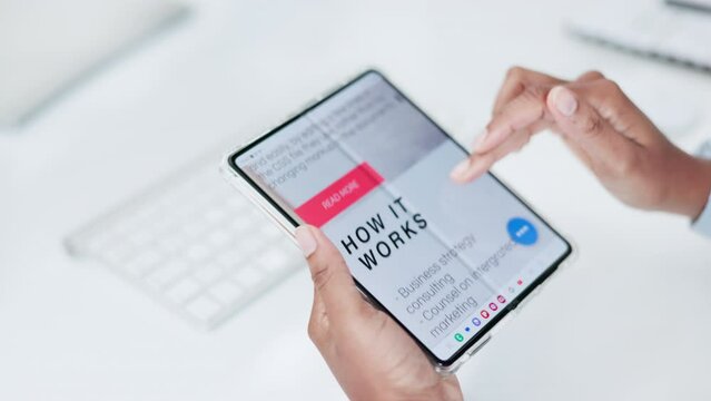 Business person, hands and phone on website in research, strategy or information on homepage at office. Closeup of scrolling on mobile smartphone fold screen or futuristic display in corporate growth