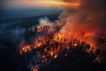 Fototapeta na wymiar Fire in the forest at sunset. Natural disaster due to the heatwave.
